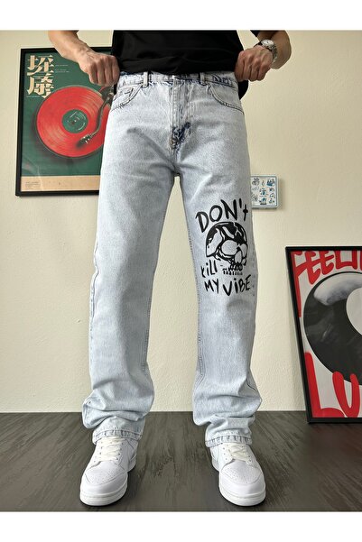 XPUPPETWEAR Buz Mavi Tasarım Baskılı Baggy Jean