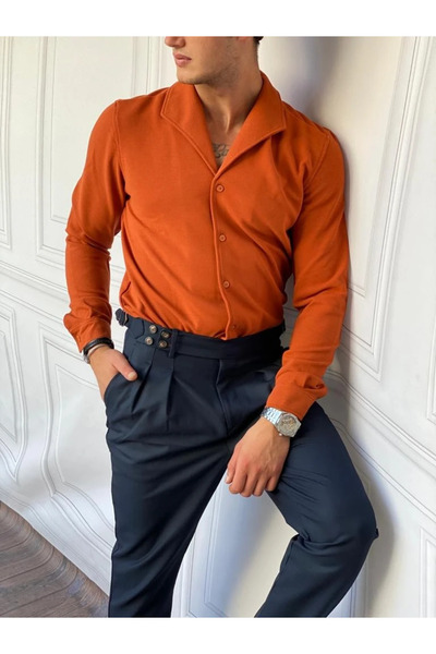 MODEFENDİ High Quality Winter Knitted Shirt with Collar Fold Detail