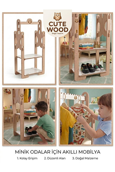 Cute&Wood Montessori Ahşap Çoçuk Askılığı ve Raf Ünitesi Düzenleyici 3 Kademeli
