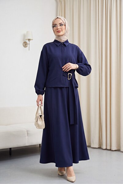 Modamorfo Elastic Sleeves, Buttoned Front, Side Tie, Skirted Crepe Suit - Dar...