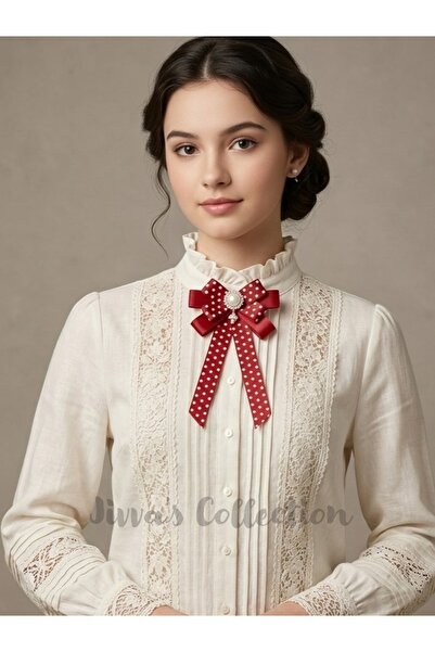 Jivva's Collection Kız Ve Kadın Puantiyeli Fiyonk Broş-Kırmızı. Çiçek Boncuk ...