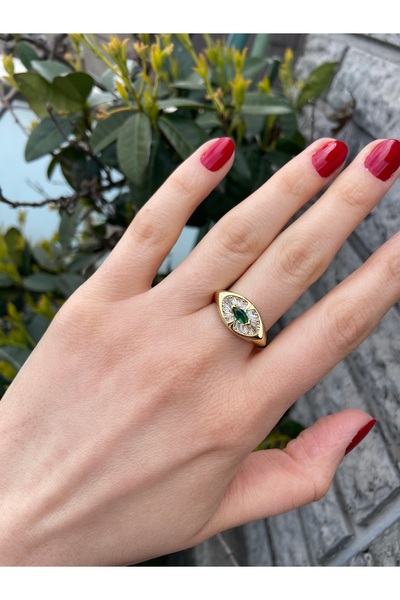 Anetta Jewelry Kadın altın renk göz model yeşil taşlı çelik kararmaz ayarlana...