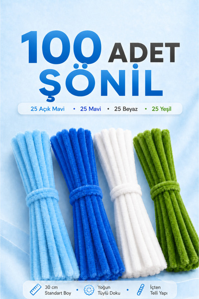 Bee Flower Shop 100 Adet Şönil Tel 30 cm Mavi Beyaz Yeşil Tüylü Hobi Teli El ...