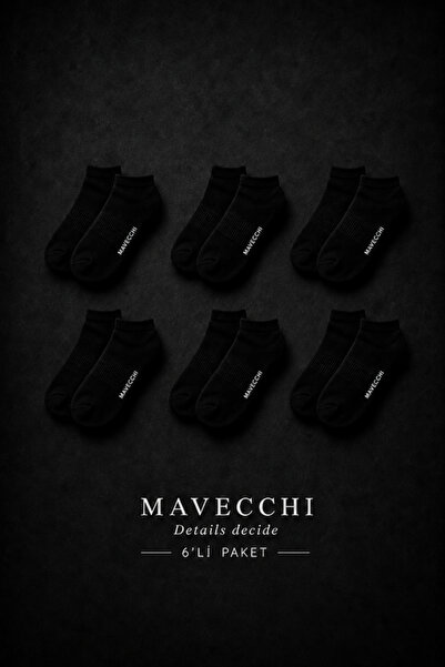 MAVECCHI 6 Çift Kutulu Premium Erkek Siyah Pamuklu Dikişsiz Patik Çorap