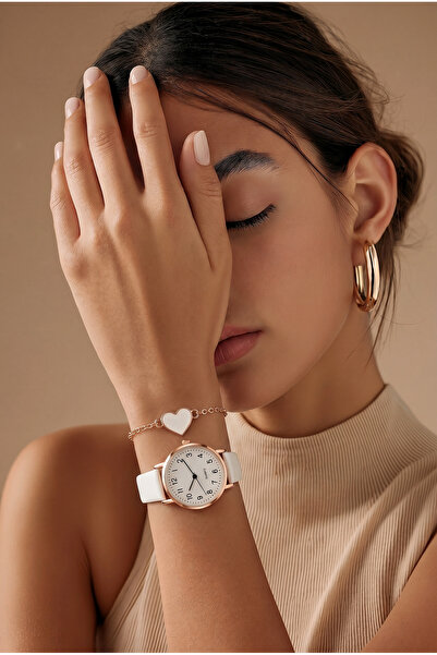 BBS Kadın Rose Gold Beyaz Deri Kordonlu Saat ve Kalp Figürlü Zincir Bileklik ...