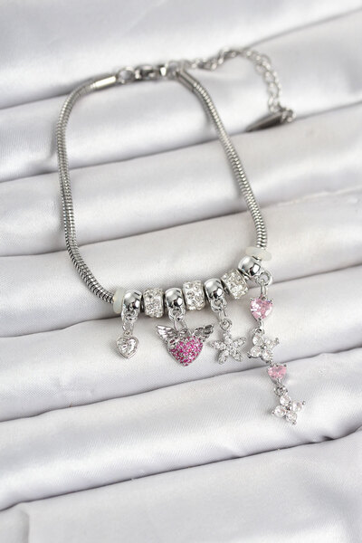 Twin Store Brass Silver Color Women's Bracelet with Flower Detail and Charm