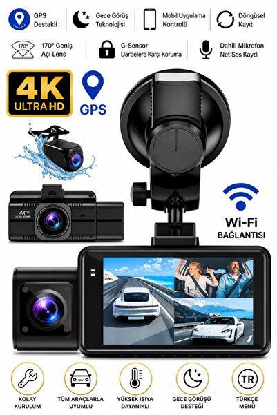 SONREİR 4K Araç Kamerası 3 Kameralı Ön-Arka - İç WiFi GPS Park Modu Gece Görü...