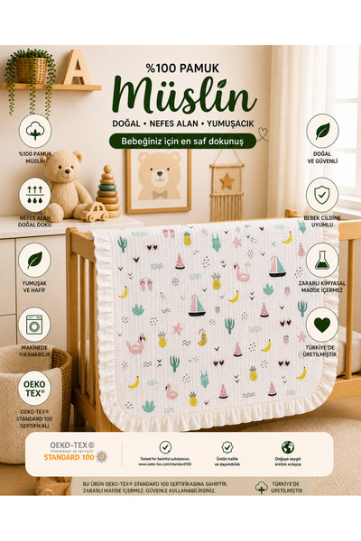 Babycitytr %100 Pamuk Müslin Bebek Battaniyesi 4 Mevsim Nefes Alan OEKO-TEX