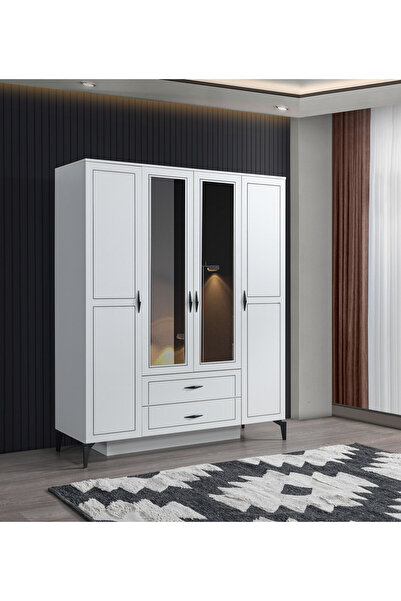 Erz Design Çizgi 4 Kapılı 2çekmeceli Gardırop Elbise Dolabı 160x55x200cm