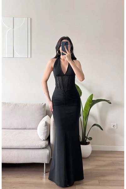 Zoom Butik Bel Korse Maxi Elbise - SİYAH