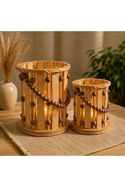 bemdesign Bemdesgin Bohem Akşap Boncuklu Mumluk Dekoratif Fener 2 li set