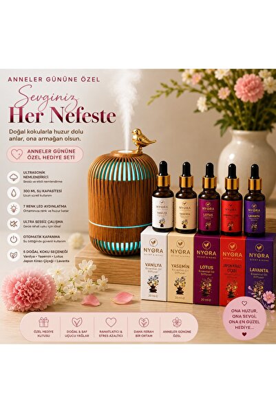 NYORA 20 ml Damlalıklı 5 Çeşit Çiçek Esans ve Ultrasonik Hava Nemlendirici Cİ...