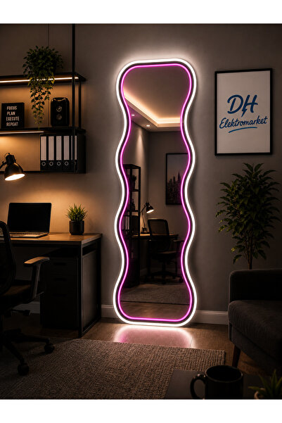 DHELEKTROMARKET Neon LED Dalgalı Boy Aynası 147x50 cm | 8mm Antrasit MDF Üzer...