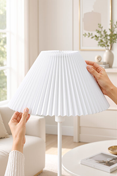 Lİ HOME Pileli Lambader Başlığı Çap 36 cm Beyaz Umbrella Kumaş Abajur Şapkası...
