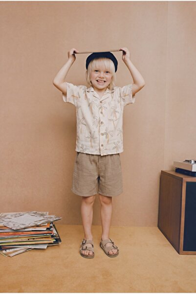 Magu Boy's Cotton Brown Palm Tree Patterned Shirt Shorts Set