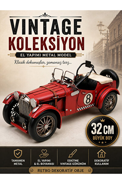 KOLAYEV Vintage Metal Klasik Araba Dekoratif Obje 32 cm Kırmızı Retro Model E...