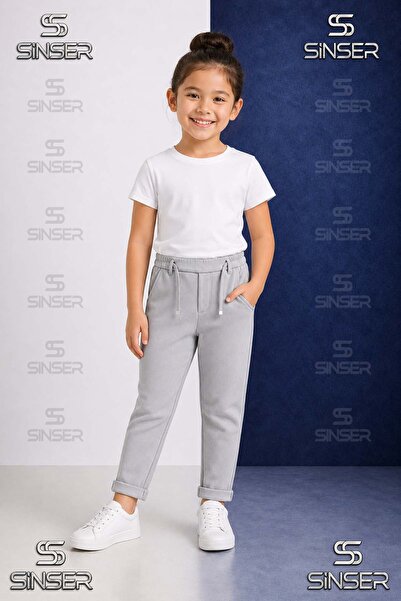 SS SİNSER Pantaloni uni pentru fete, cu talie elastică, stil Lycra cu tiv pli...