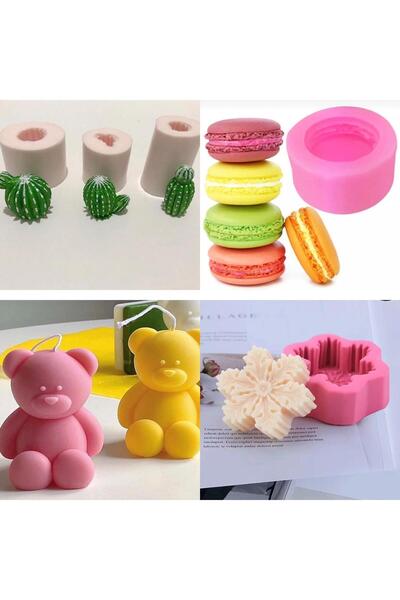 Empressco Çoklu silikon kalıp seti, macaron, kar tanesi, kaktüs ve ayıcık şek...