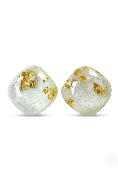 Pelin Aksesuar Transparent Glitter and Gold Foil Minimalist Square Earrings