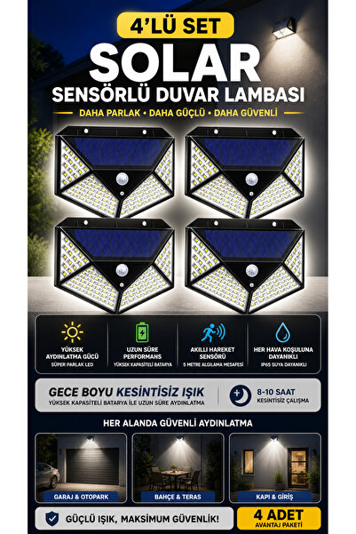 ROBEVE 4’lü Solar Sensörlü Duvar Lambası | Güneş Enerjili, 270° Geniş Aydınla...