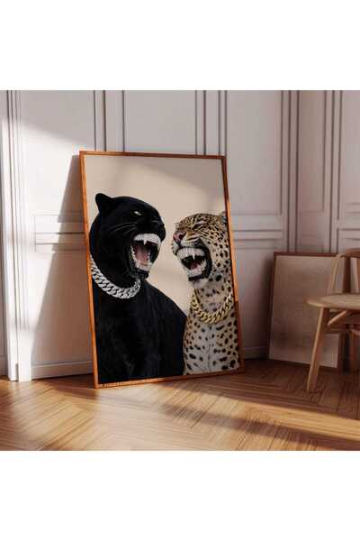 NinaStore Siyah Panter ve Leopar Duvar Sanatı - Diamond Grill Büyük Kedi Bask...