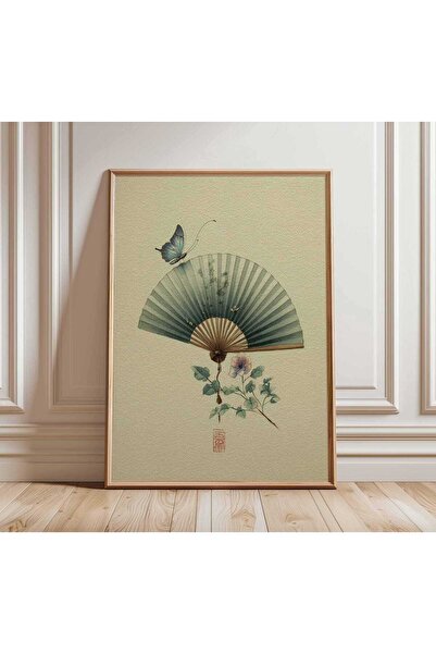 NinaStore Japon Yelpaze Posteri - Asya Suluboya Duvar Sanatı - Kelebek ve Çiç...