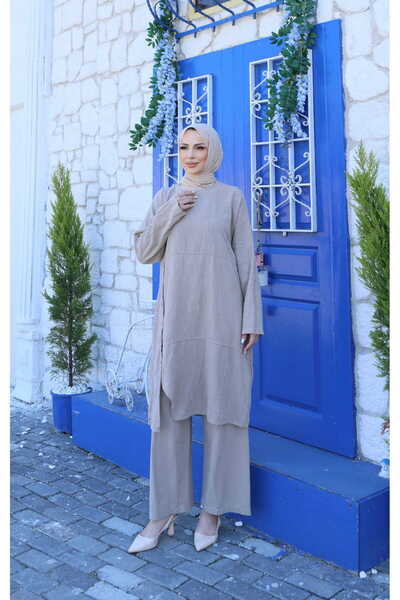NİSUM MODA Βαμβακερό λινό σετ με κουμπιά στα πλαϊνά