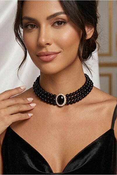 Happyline Oval Taşlı Siyah İncili Choker Kolye, Siyah Cam İncili Kolye , İnci...