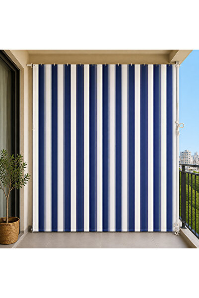 PERKOA BALKON PERDESİ KALIN BAĞCIKLI MODEL MAVİ BEYAZ BRANDA