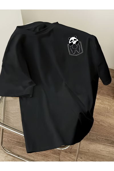Nilvor Μπλουζάκι Unisex με στάμπα Panda στην τσέπη, ειδικού σχεδιασμού, overs...