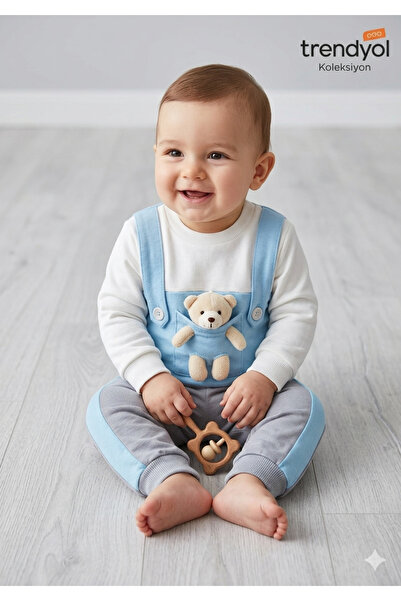 gülerçocuk Teddy Bear Detailed Strappy Baby Set Yellow and White Long Sleeve ...