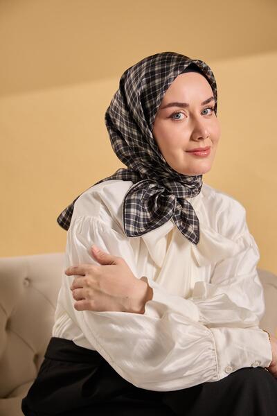 Silk Home Μεταξωτό κασκόλ τουίλ καρό χακί