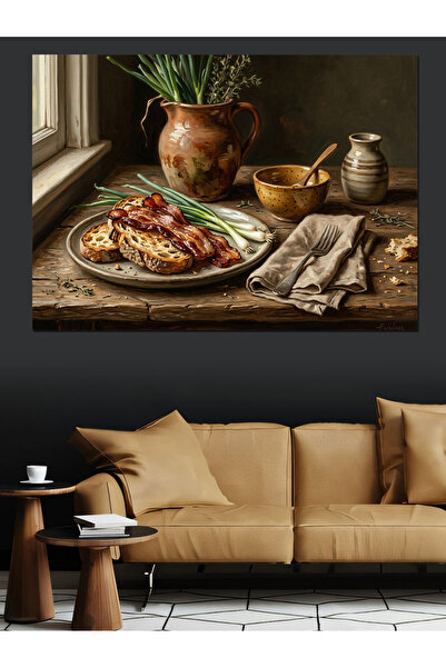Artmeg Breakfast and Flowers Decorative Canvas on the Table - Mdf Wood Table