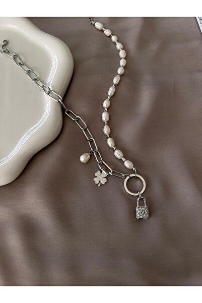 Twelve Lock Detailed Pearl and Steel Women's Necklace