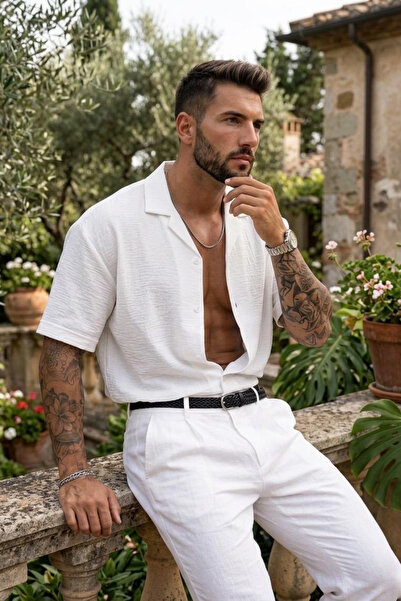 bozdemirtshirt Men's Oversize Linen Fabric Short Sleeve Shirt