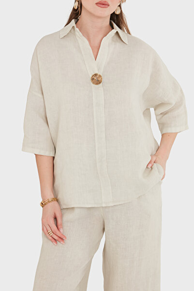 Via Dante Oversize Düğme Detaylı Keten Bluz BLUZ 6617504