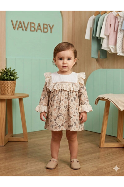 VaVbaby فستان للفتيات الصغيرات بياقة مزينة بالزهور وأكمام طويلة وتفاصيل دانتي...
