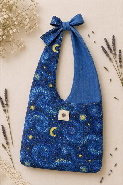 Calliopia Pinterest Van Gogh Yıldızlı Gece Mavi Kurdele Detaylı Çanta