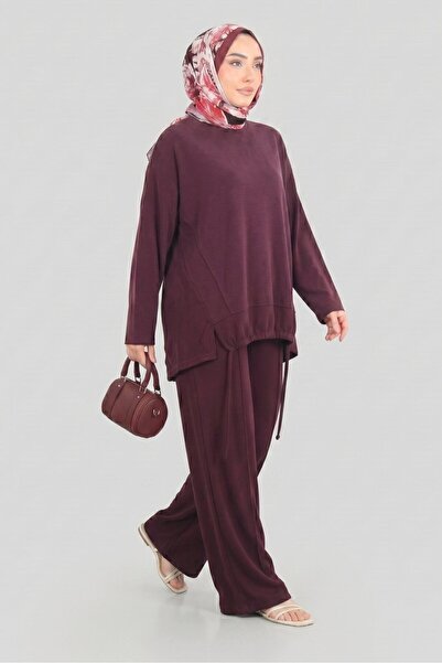 Norshen Burgundy Women's Tunic with Rope Lace Detail & Wide Leg Pants - Set