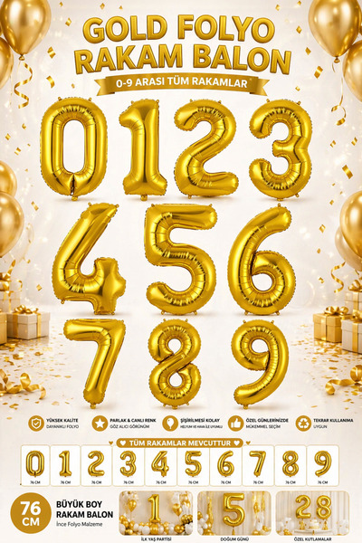Öz-bal Gold 76 CM Büyük Boy Rakam Balon – Altın Folyo Yaş Balonu Doğum Günü P...