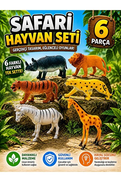 SAZE 6 Parça Hayvan Figür Seti – Eğitici Oyuncak Aslan Kaplan Zürafa Zebra Ge...
