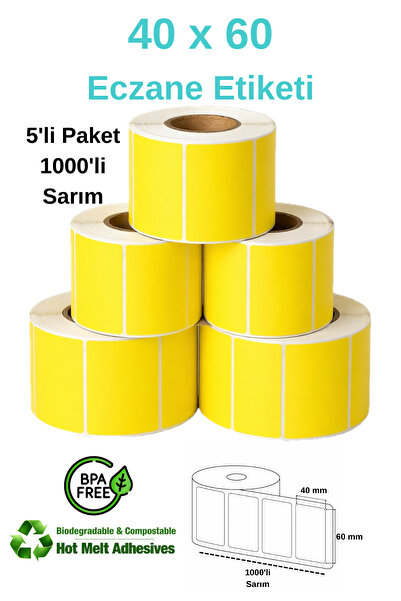 Kasetsan 40x60 mm Sarı Eczane Etiketi 5'li Paket 1000'li Sarım Hotmelt Yapışk...