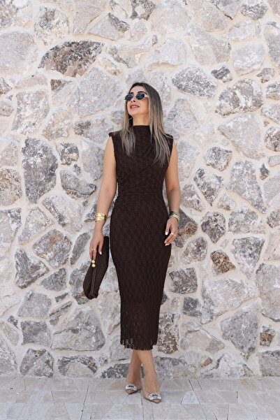 bytugcekaya Kahve Sıfır Kol Vatkalı Dantel Elbise