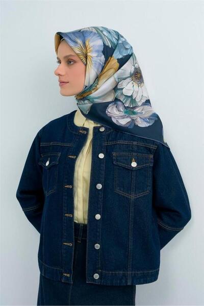Armine Sura Pure Silk Scarf 9503 - 82 Navy Blue Yellow Floral Pattern
