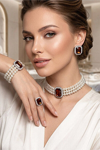 Happyline İncili baget kahve taşlı gümüş kaplama cam inci choker kolye tasarı...