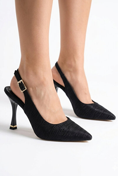 Lidora Women's Black Satin Glitter Patterned Heeled Shoes Ayk2106
