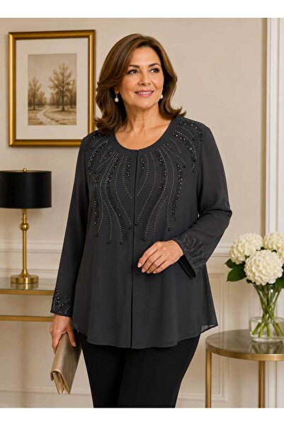BY AKTEPE STORE Plus Size Stone Embellished Chiffon Look Evening Dress Blouse...