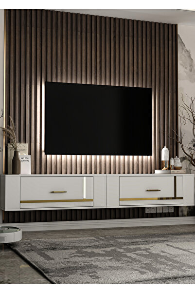 DEMONTE DECOR TV1412DD-TWİND-32 TV SEHPASI BEYAZ-ALTIN