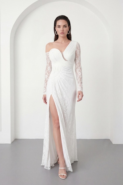 Lafaba Women's White Chest Detailed Long Lace Evening Dress