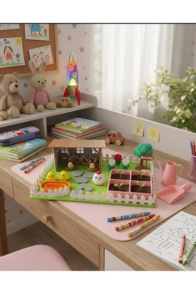 KUTPİA Mini Bahçe Çocuk Oyun ve Eğitim Seti (25x19cm) - Sevimli Tavuklar (Pembe)